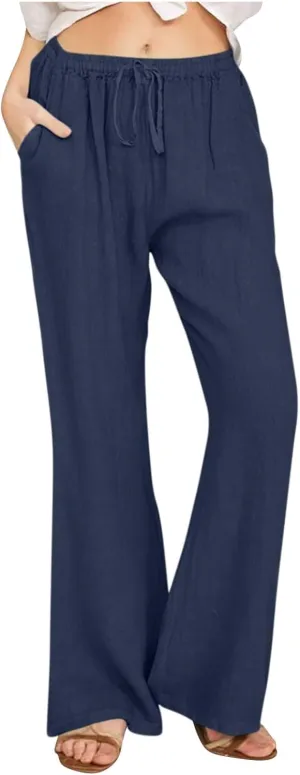 Women Cotton Linen Drawstring Wide Leg Pants Straight Elastic High Waisted Pants Summer Loose Lounge Outdoor Trousers