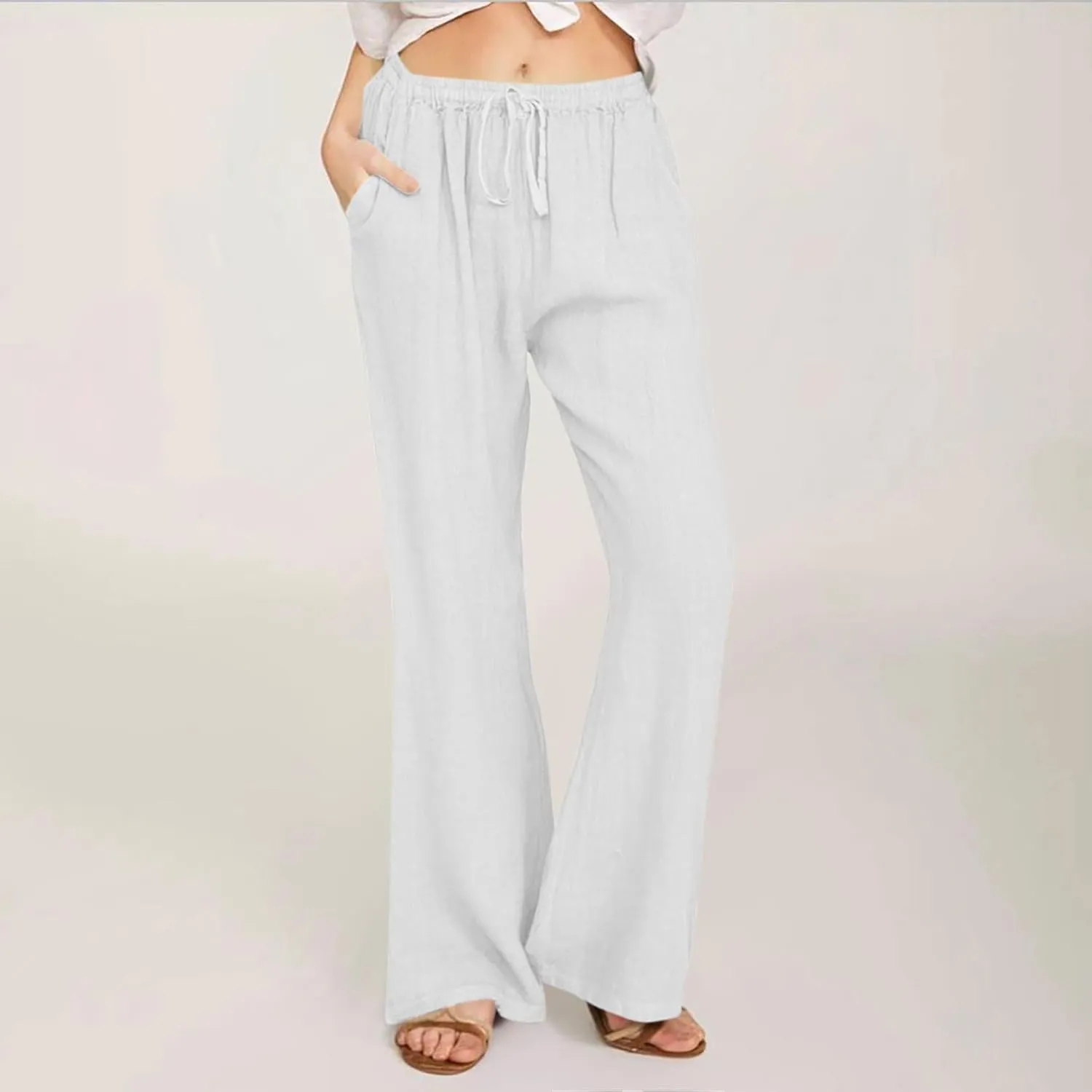 Women Cotton Linen Drawstring Wide Leg Pants Straight Elastic High Waisted Pants Summer Loose Lounge Outdoor Trousers