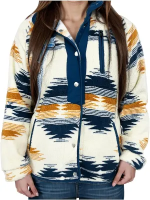 Women Fleece Jacket Open Front Sweatshirt Western Aztec Print Long Sleeve Snap Button Down Shacket Jackets with Pockets
