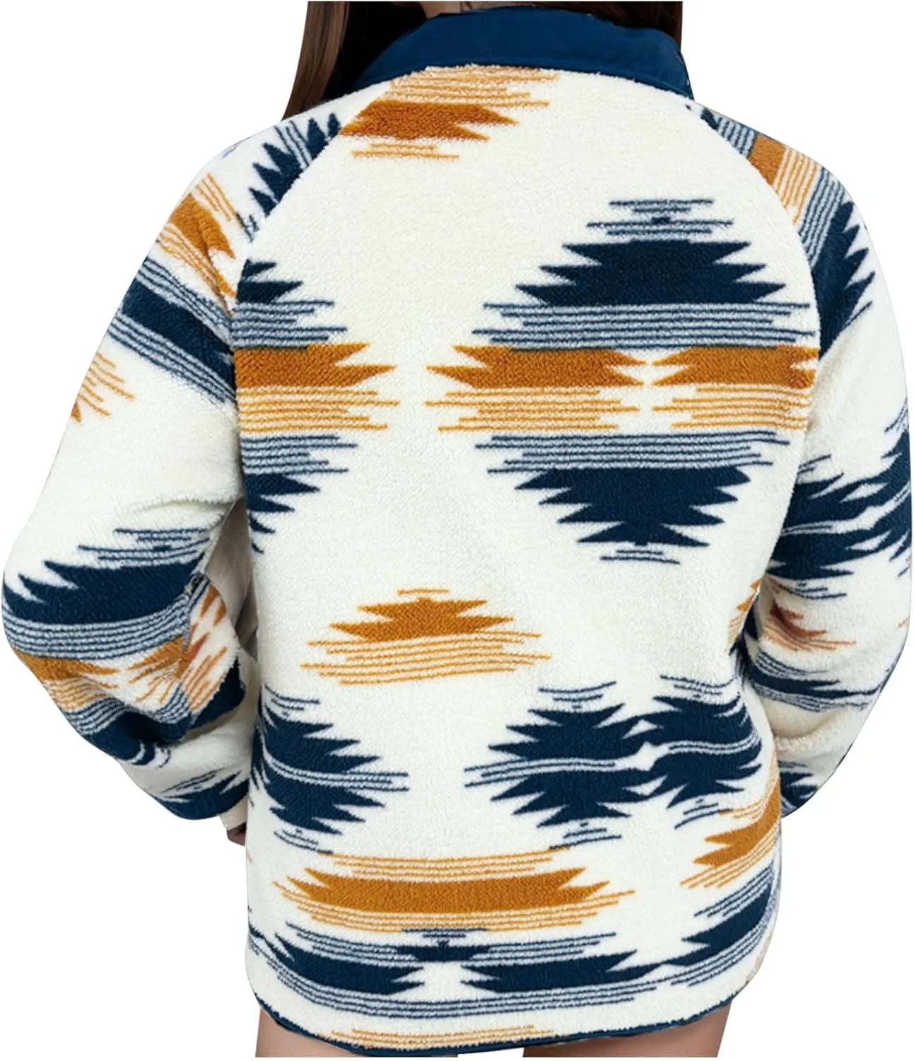 Women Fleece Jacket Open Front Sweatshirt Western Aztec Print Long Sleeve Snap Button Down Shacket Jackets with Pockets