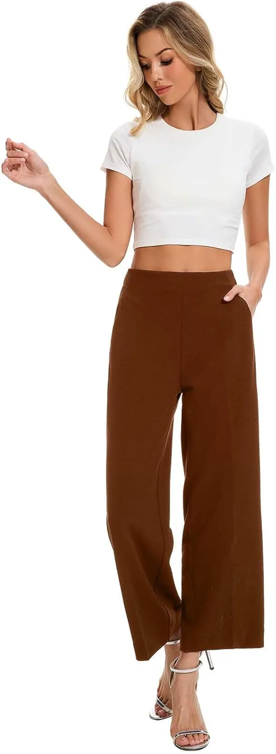 Women High Waist Wide Straight Leg Trousers Casual Slacks Pull On Ankle Pants with Pockets