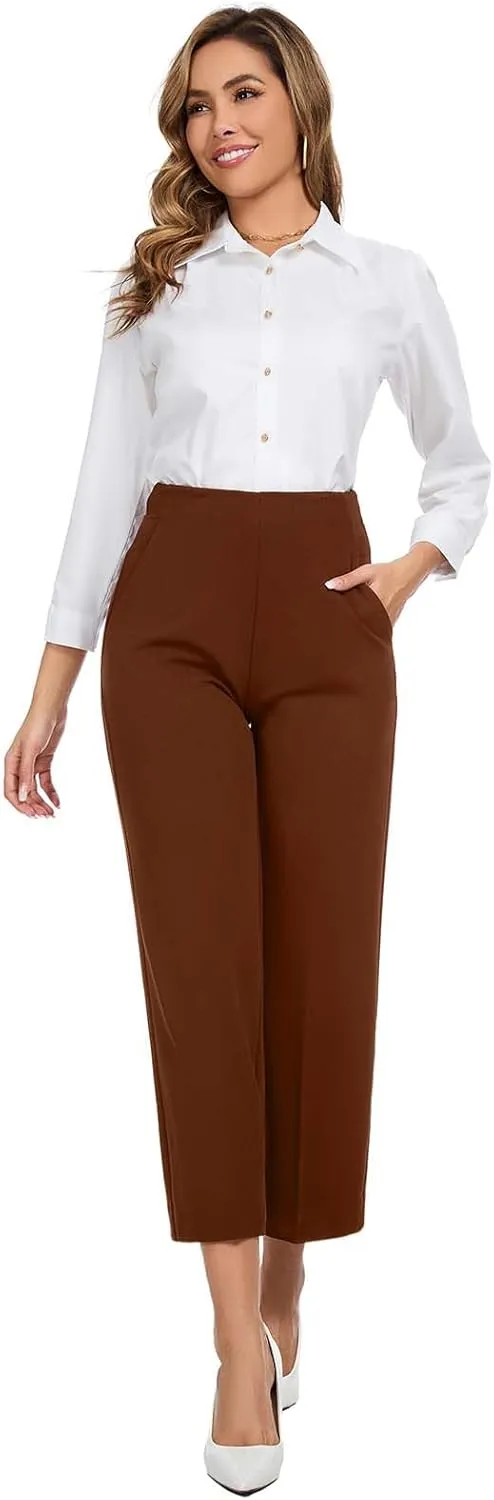 Women High Waist Wide Straight Leg Trousers Casual Slacks Pull On Ankle Pants with Pockets