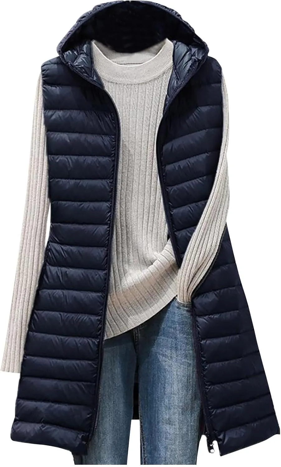 Women Lightweight Puffer Vest Packable Long Winter Coat Zip Up Quilted Jackets Hooded Sleeveless Plus Size Warm Vest