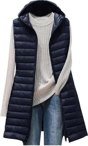 Women Lightweight Puffer Vest Packable Long Winter Coat Zip Up Quilted Jackets Hooded Sleeveless Plus Size Warm Vest