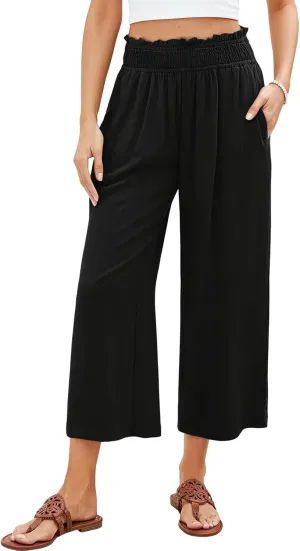 Women Linen Pants Boho Wide Leg High Waisted Pant Flowy Lounge Trousers Summer Beach Vacation Outfits with Pockets