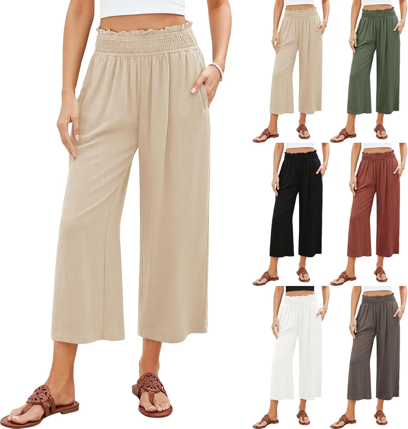 Women Linen Pants Boho Wide Leg High Waisted Pant Flowy Lounge Trousers Summer Beach Vacation Outfits with Pockets