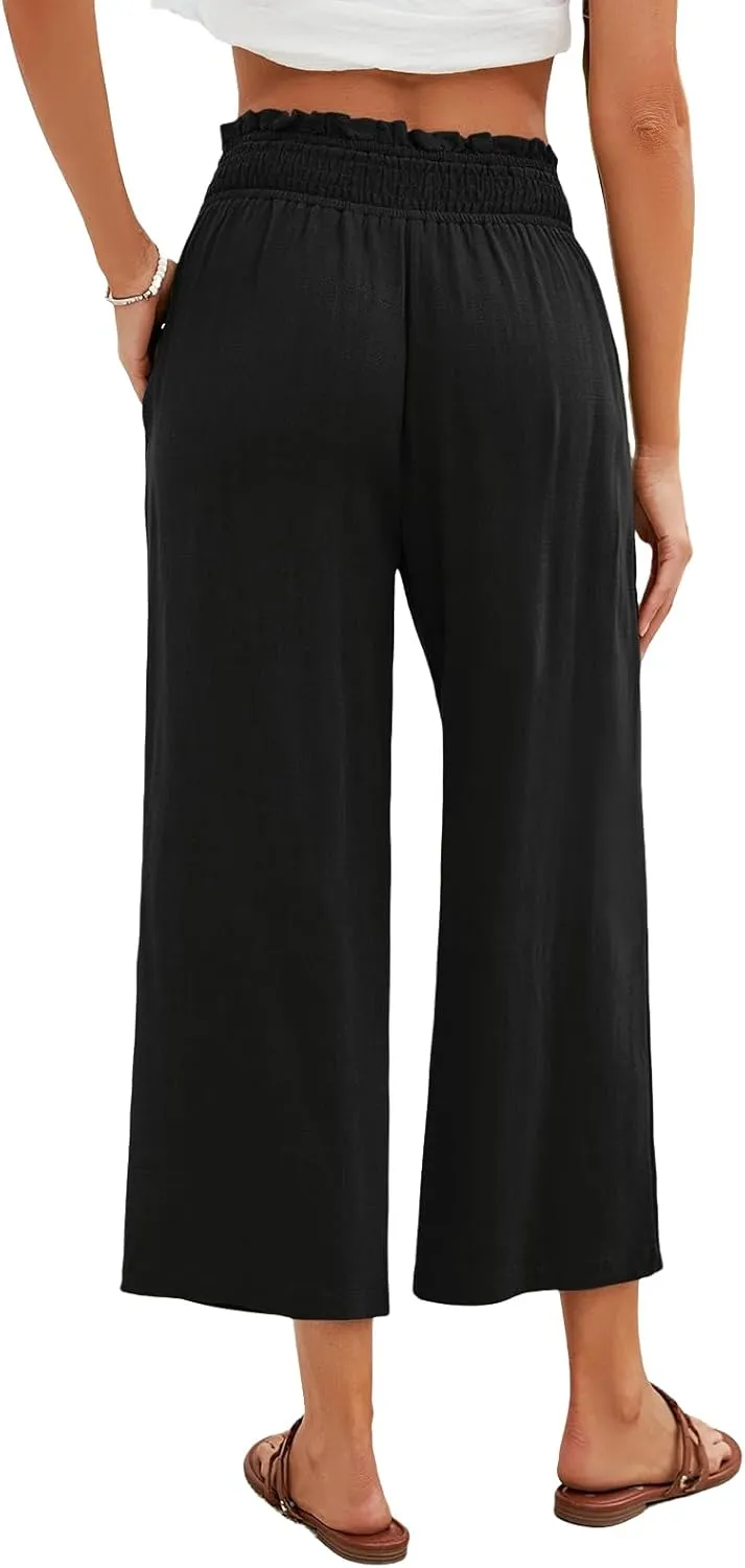 Women Linen Pants Boho Wide Leg High Waisted Pant Flowy Lounge Trousers Summer Beach Vacation Outfits with Pockets