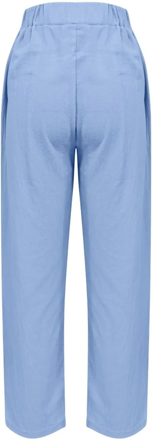 Women Linen Pants Casual Loose High Waisted Baggy Cropped Ankle Length Summer Baggy Lounge Trouser Slacks with Pocket