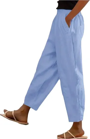 Women Linen Pants Casual Loose High Waisted Baggy Cropped Ankle Length Summer Baggy Lounge Trouser Slacks with Pocket