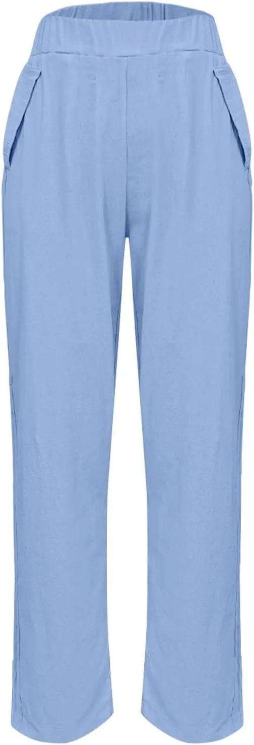 Women Linen Pants Casual Loose High Waisted Baggy Cropped Ankle Length Summer Baggy Lounge Trouser Slacks with Pocket