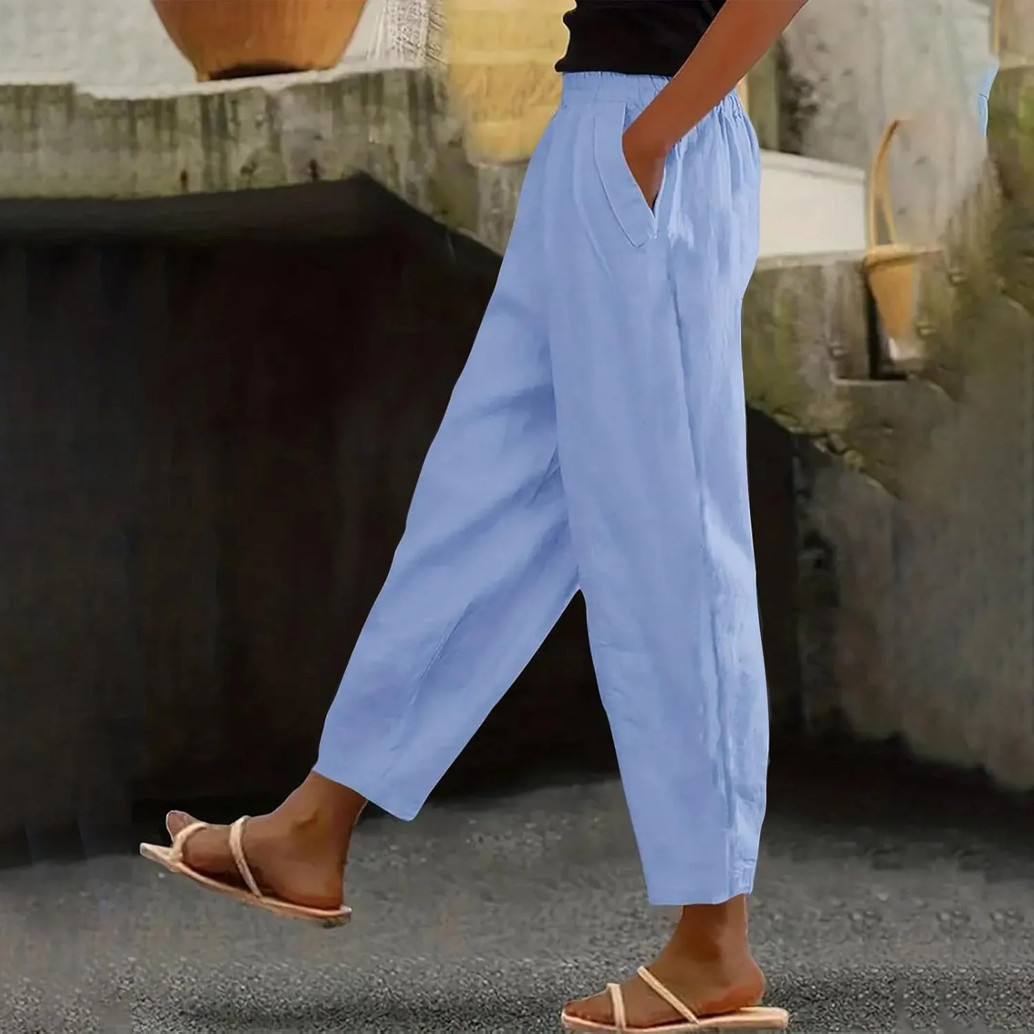 Women Linen Pants Casual Loose High Waisted Baggy Cropped Ankle Length Summer Baggy Lounge Trouser Slacks with Pocket