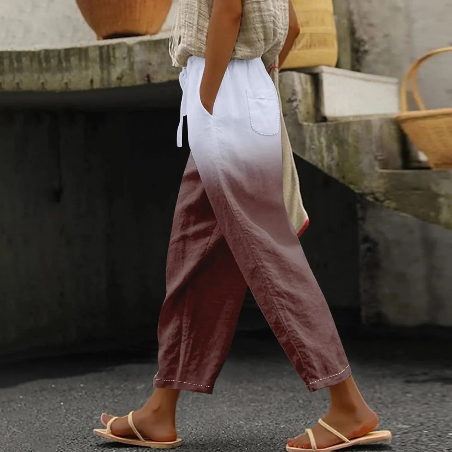 Women Linen Pants Loose Pocket Casual Cotton and Linen Pants Flowy Wide Leg Beach Trousers with Pockets Linen Capris