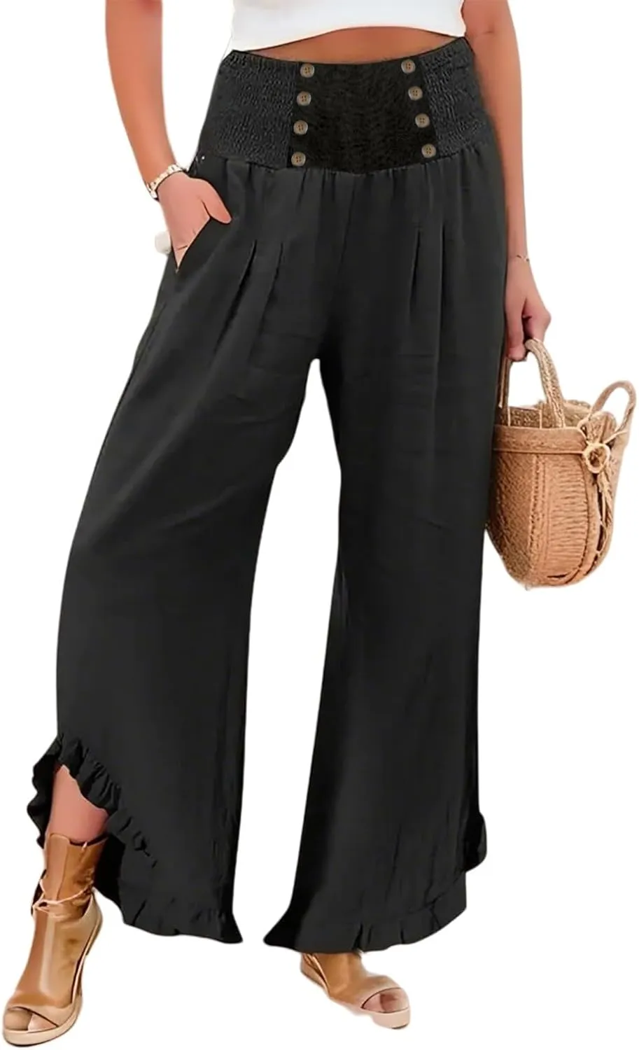 Women Linen Pants Summer Wide Leg Pants Smocked Waist Ruffle Hem Palazzo Pant Boho Flowy Beach Trousers with Pockets
