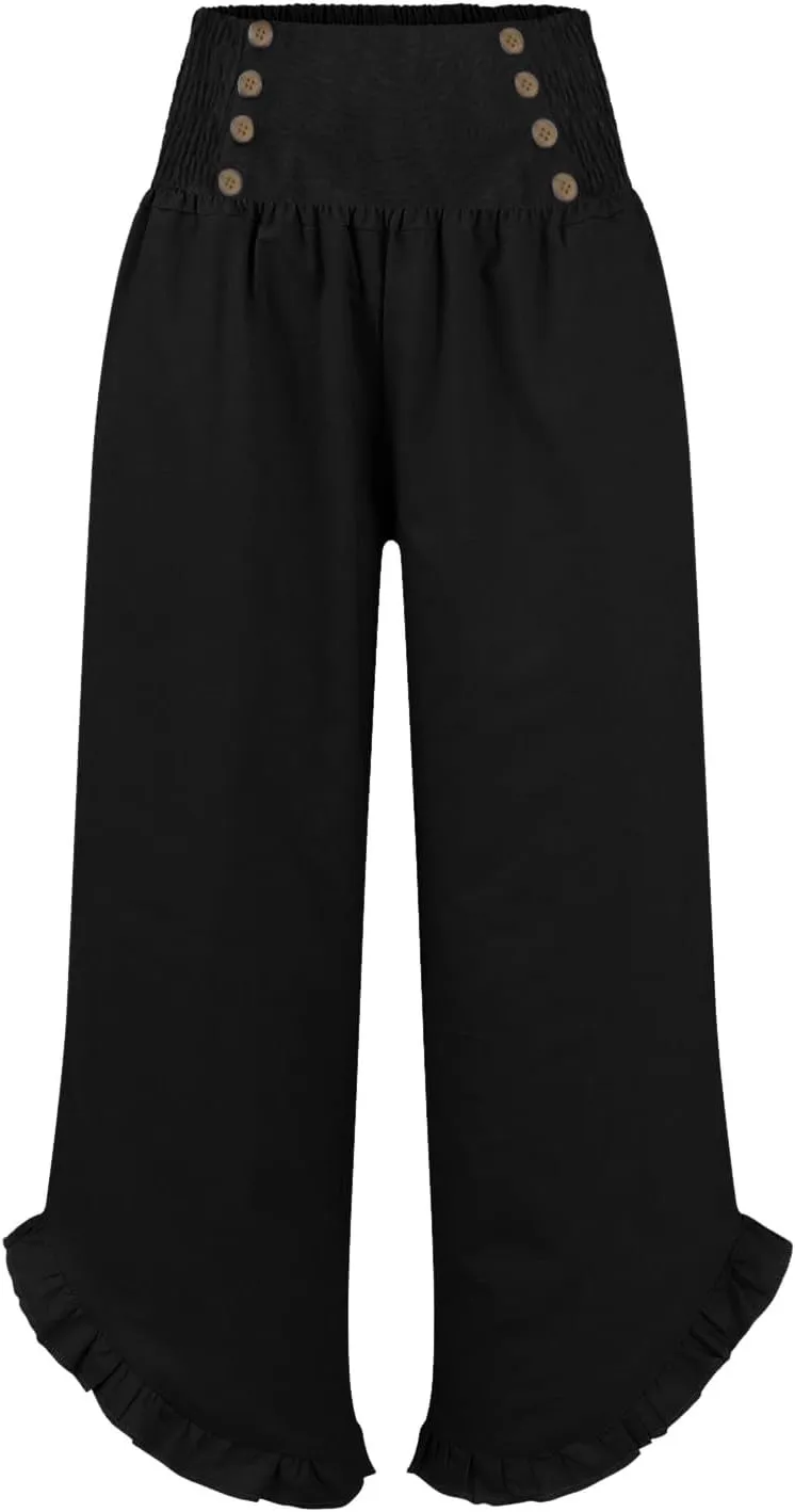 Women Linen Pants Summer Wide Leg Pants Smocked Waist Ruffle Hem Palazzo Pant Boho Flowy Beach Trousers with Pockets