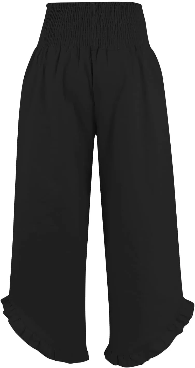 Women Linen Pants Summer Wide Leg Pants Smocked Waist Ruffle Hem Palazzo Pant Boho Flowy Beach Trousers with Pockets