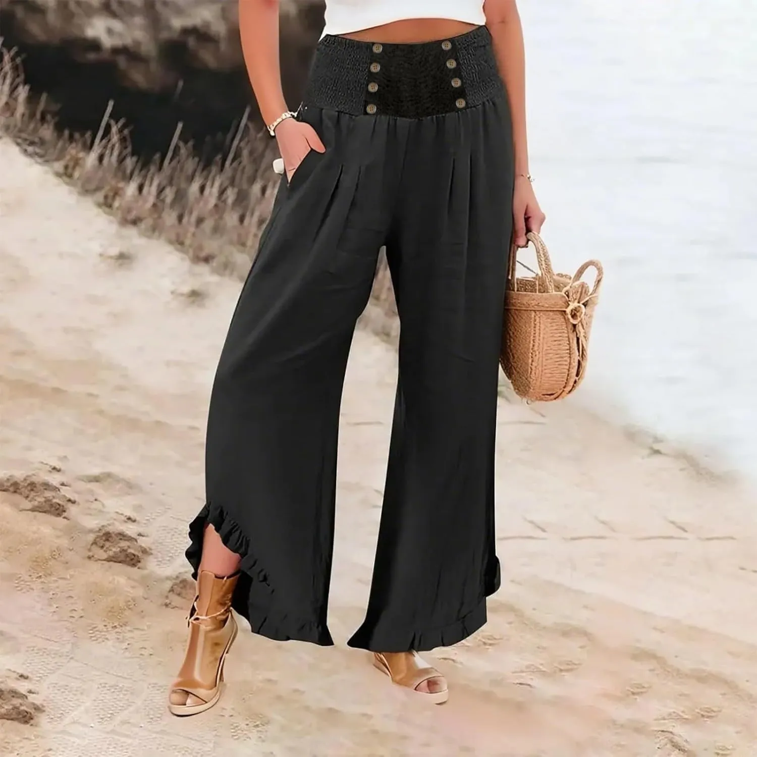 Women Linen Pants Summer Wide Leg Pants Smocked Waist Ruffle Hem Palazzo Pant Boho Flowy Beach Trousers with Pockets