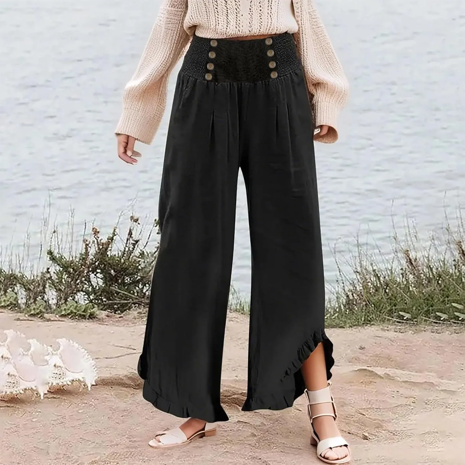 Women Linen Pants Summer Wide Leg Pants Smocked Waist Ruffle Hem Palazzo Pant Boho Flowy Beach Trousers with Pockets