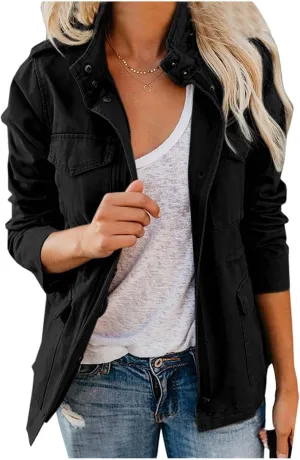 Women Military Anorak Jackets Zip Up Snap Buttons Parka Safari Utility Coats Outwear with Pocket