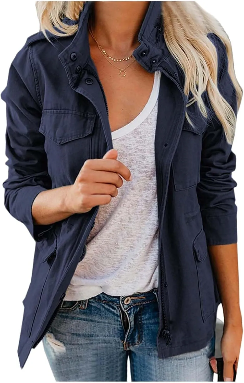 Women Military Anorak Jackets Zip Up Snap Buttons Parka Safari Utility Coats Outwear with Pocket
