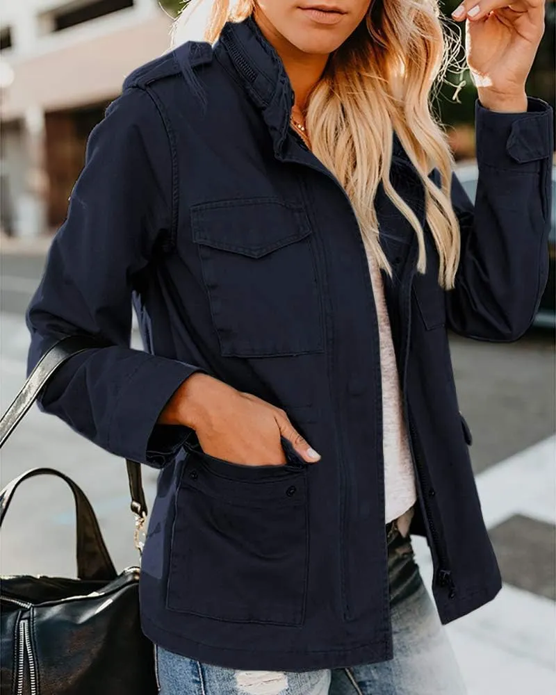 Women Military Anorak Jackets Zip Up Snap Buttons Parka Safari Utility Coats Outwear with Pocket