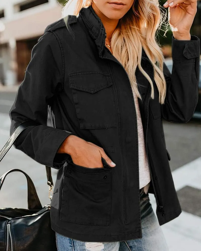 Women Military Anorak Jackets Zip Up Snap Buttons Parka Safari Utility Coats Outwear with Pocket