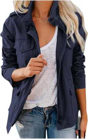 Women Military Anorak Jackets Zip Up Snap Buttons Parka Safari Utility Coats Outwear with Pocket