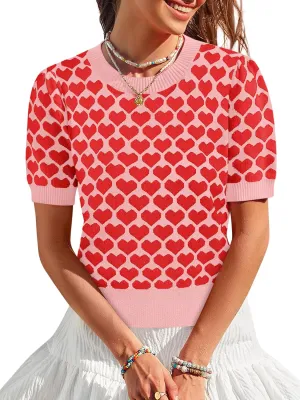 Women Puff Short Sleeve Sweater Casual Cropped Knit Shirts Cute Heart Holidays Graphic Print Pullover Jumper Tops 2025