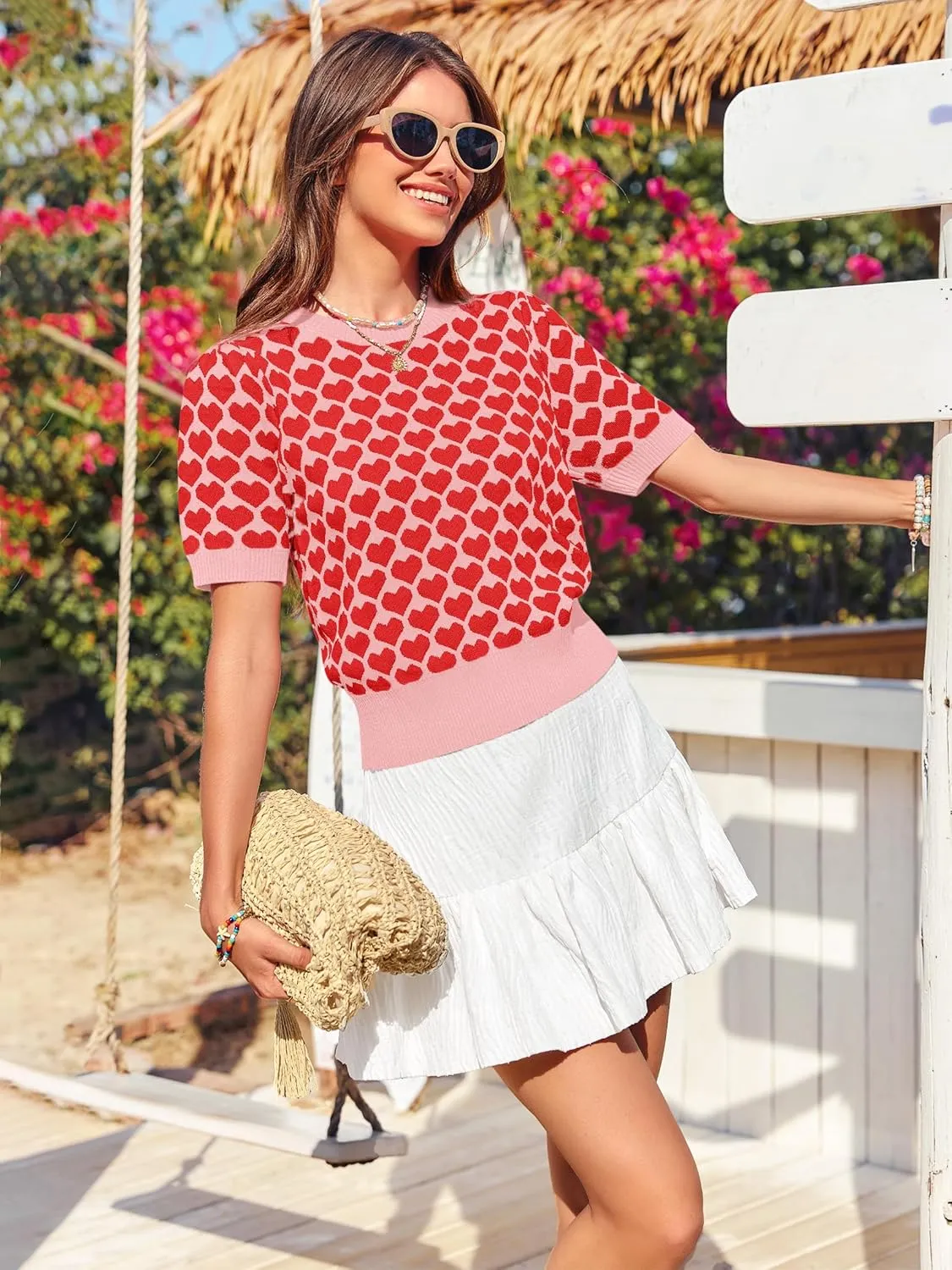 Women Puff Short Sleeve Sweater Casual Cropped Knit Shirts Cute Heart Holidays Graphic Print Pullover Jumper Tops 2025