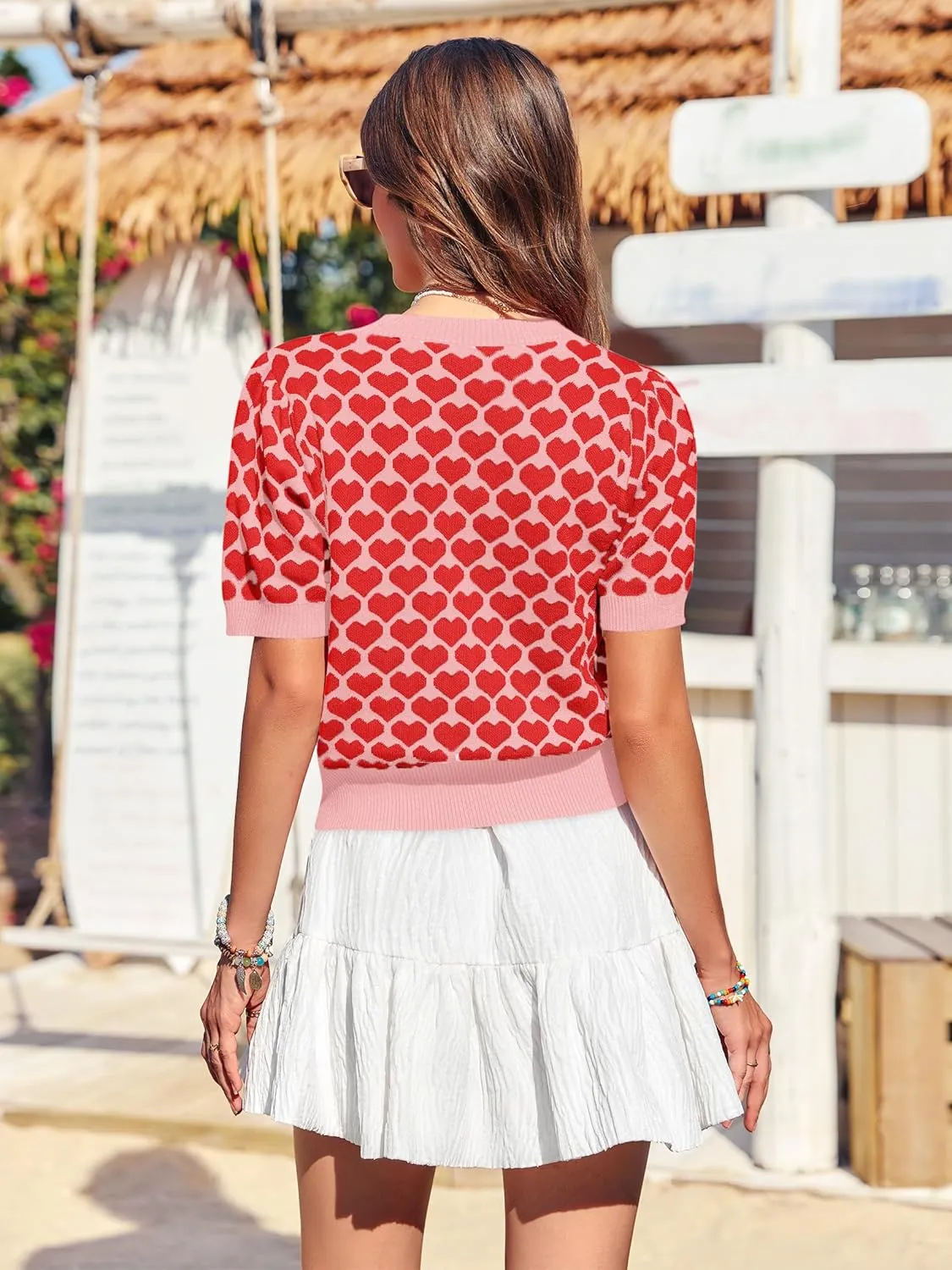 Women Puff Short Sleeve Sweater Casual Cropped Knit Shirts Cute Heart Holidays Graphic Print Pullover Jumper Tops 2025
