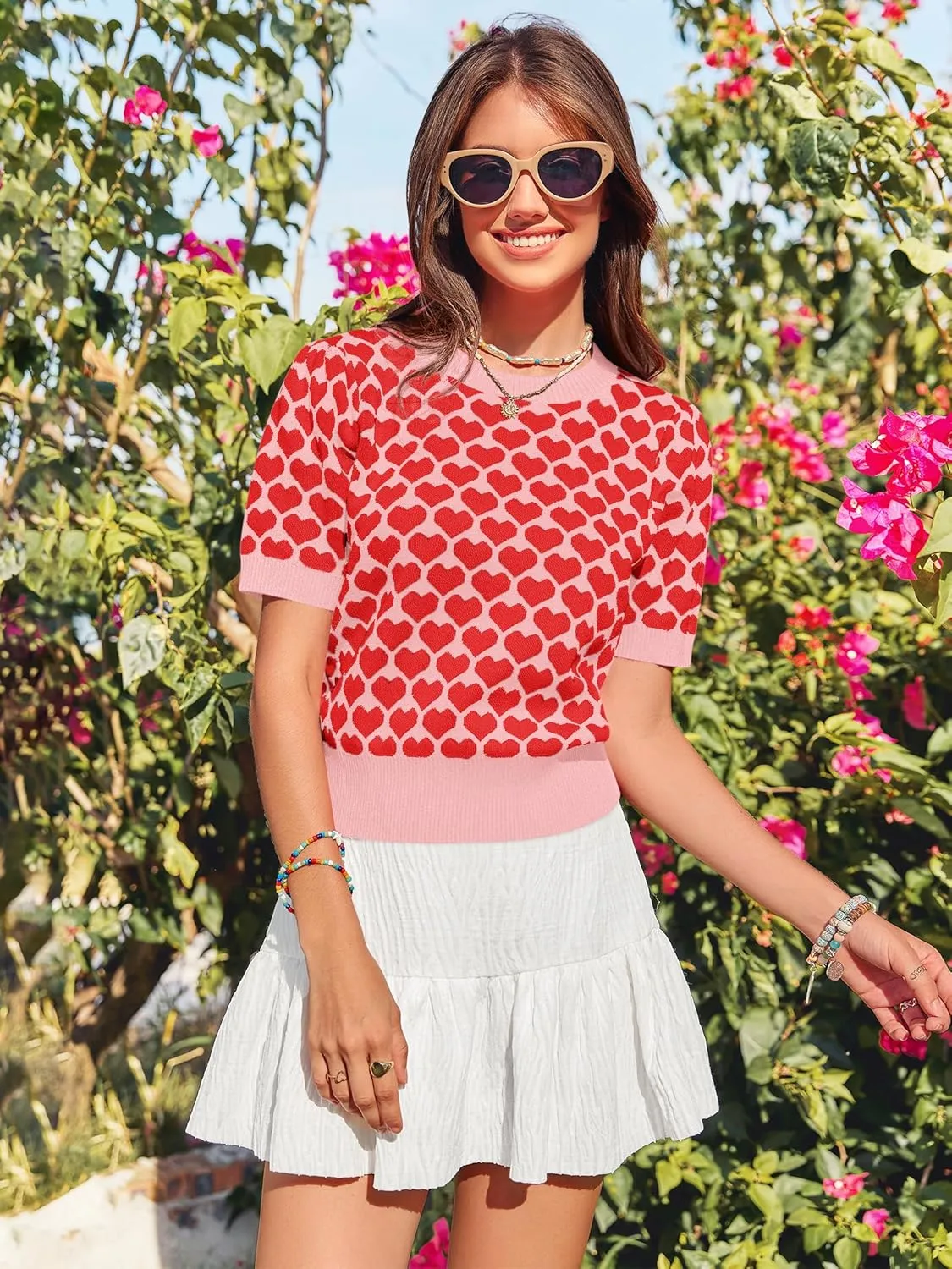 Women Puff Short Sleeve Sweater Casual Cropped Knit Shirts Cute Heart Holidays Graphic Print Pullover Jumper Tops 2025