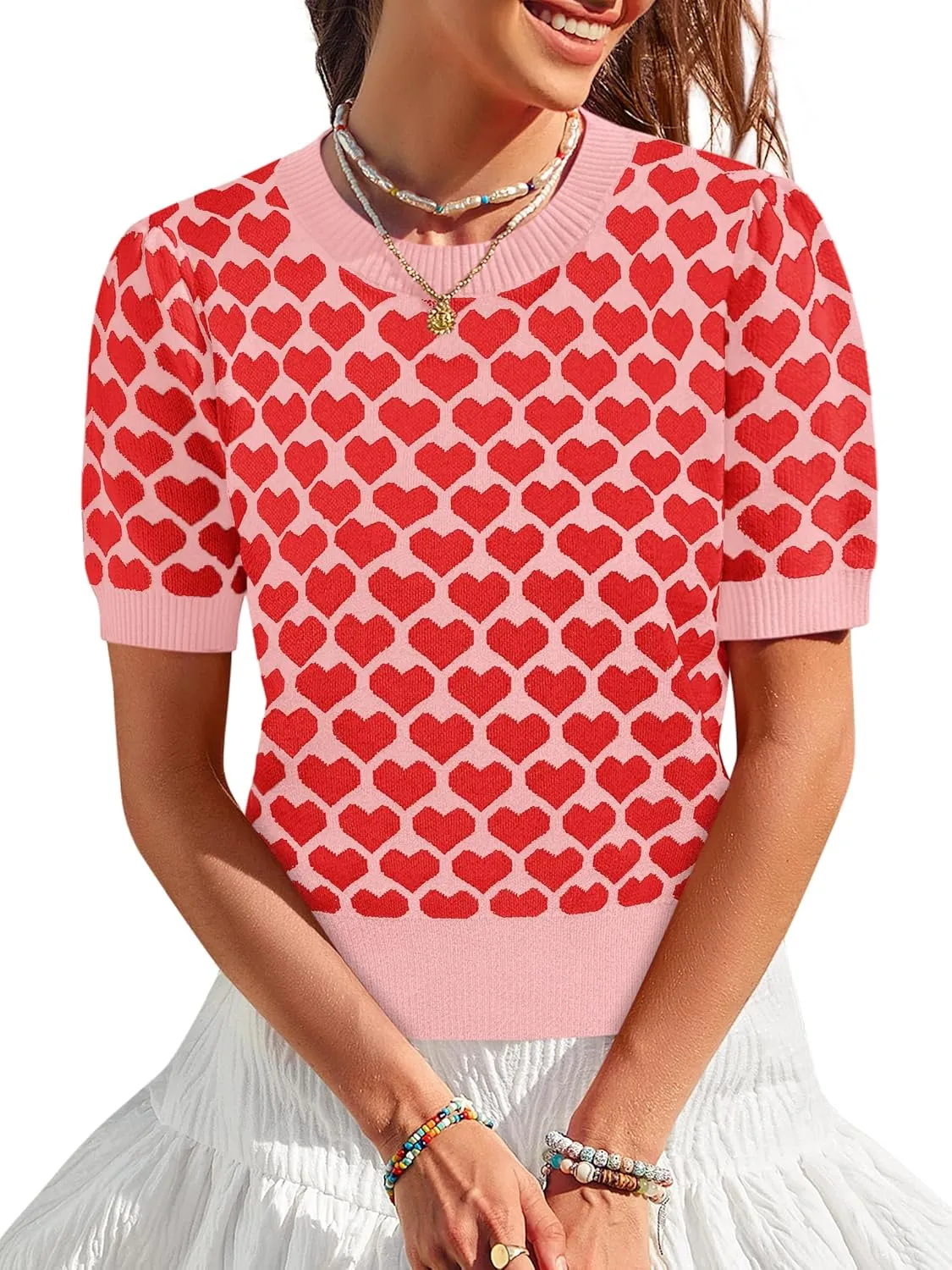 Women Puff Short Sleeve Sweater Casual Cropped Knit Shirts Cute Heart Holidays Graphic Print Pullover Jumper Tops 2025