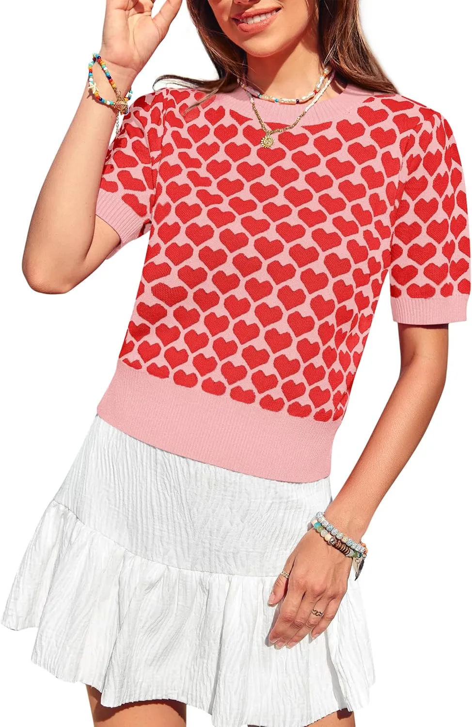 Women Puff Short Sleeve Sweater Casual Cropped Knit Shirts Cute Heart Holidays Graphic Print Pullover Jumper Tops 2025