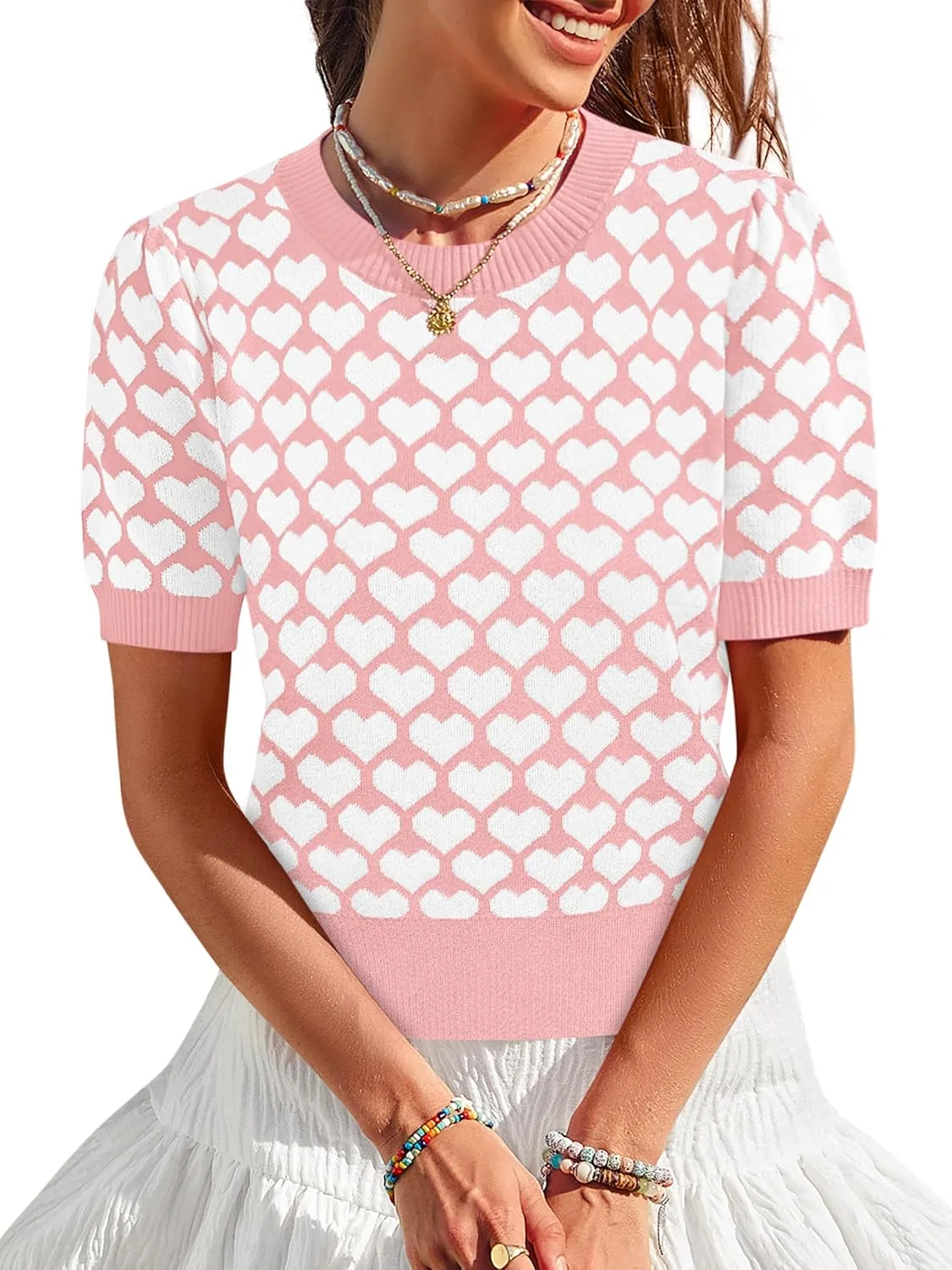 Women Puff Short Sleeve Sweater Casual Cropped Knit Shirts Cute Heart Holidays Graphic Print Pullover Jumper Tops 2025