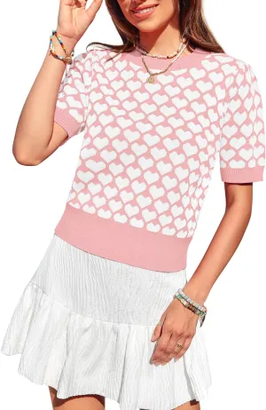 Women Puff Short Sleeve Sweater Casual Cropped Knit Shirts Cute Heart Holidays Graphic Print Pullover Jumper Tops 2025