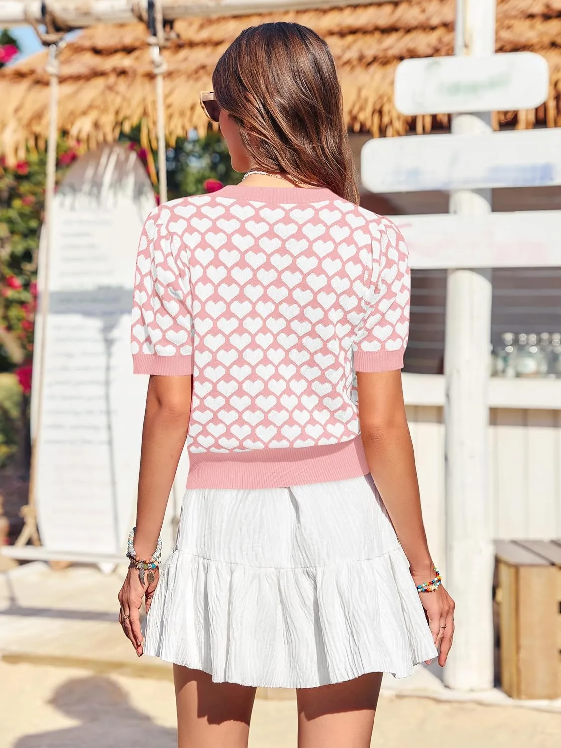 Women Puff Short Sleeve Sweater Casual Cropped Knit Shirts Cute Heart Holidays Graphic Print Pullover Jumper Tops 2025