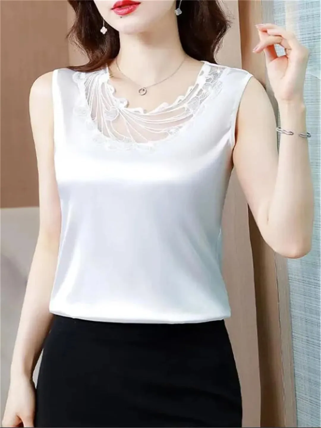 Women Satin Sleeveless Top Mesh Cut-Out Lace Camisole Vest Summer Sexy Tank Top