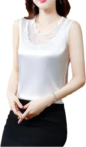 Women Satin Sleeveless Top Mesh Cut-Out Lace Camisole Vest Summer Sexy Tank Top