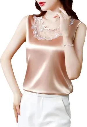 Women Satin Sleeveless Top Mesh Cut-Out Lace Camisole Vest Summer Sexy Tank Top