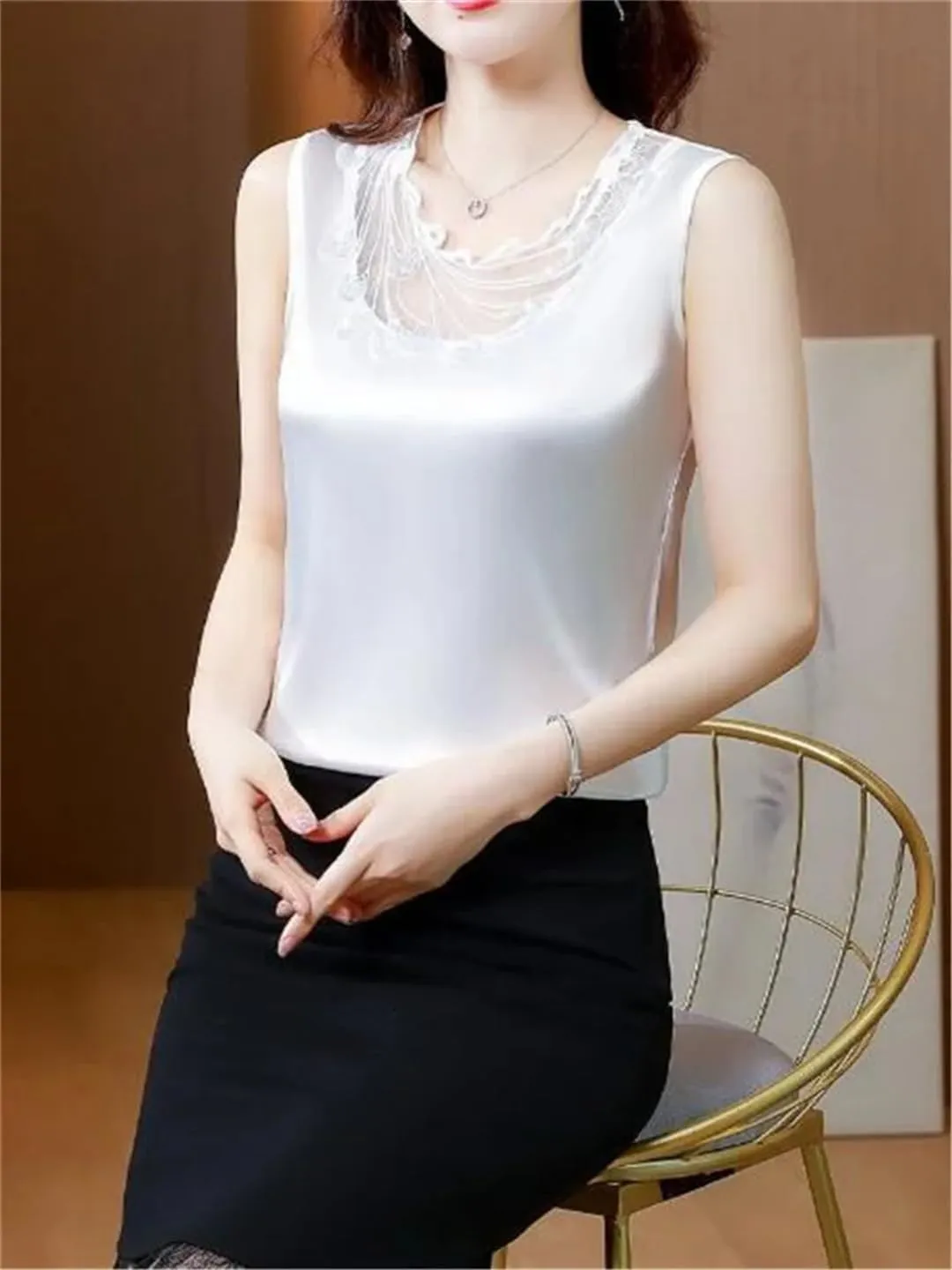 Women Satin Sleeveless Top Mesh Cut-Out Lace Camisole Vest Summer Sexy Tank Top