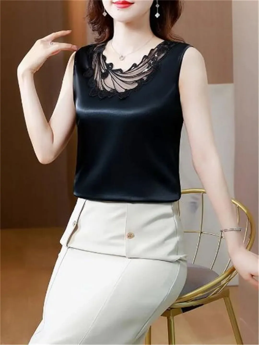 Women Satin Sleeveless Top Mesh Cut-Out Lace Camisole Vest Summer Sexy Tank Top