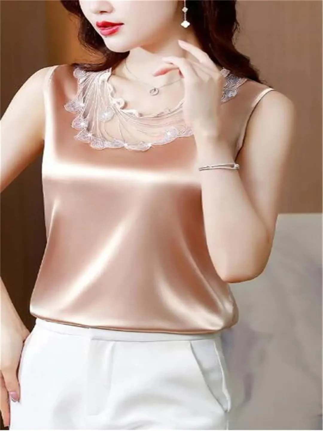 Women Satin Sleeveless Top Mesh Cut-Out Lace Camisole Vest Summer Sexy Tank Top