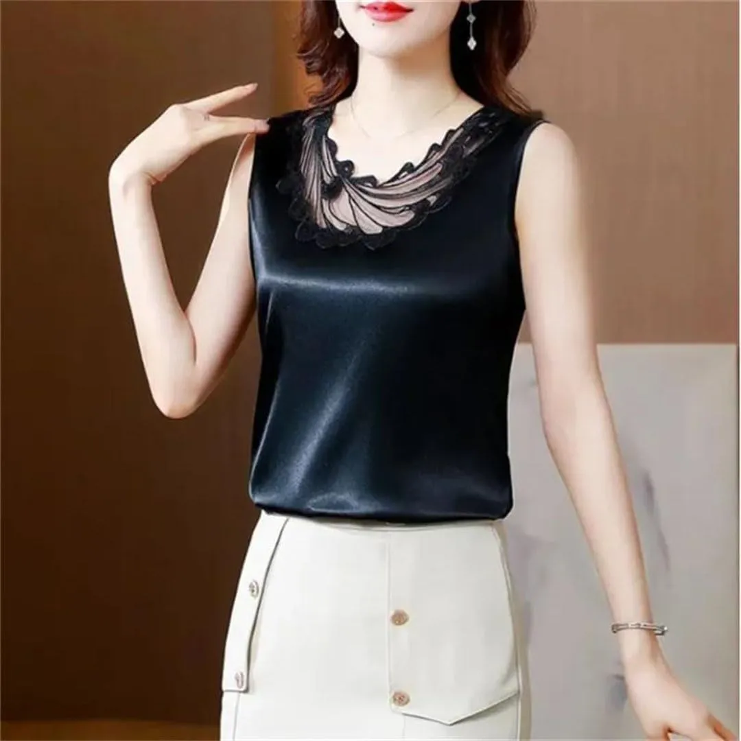 Women Satin Sleeveless Top Mesh Cut-Out Lace Camisole Vest Summer Sexy Tank Top
