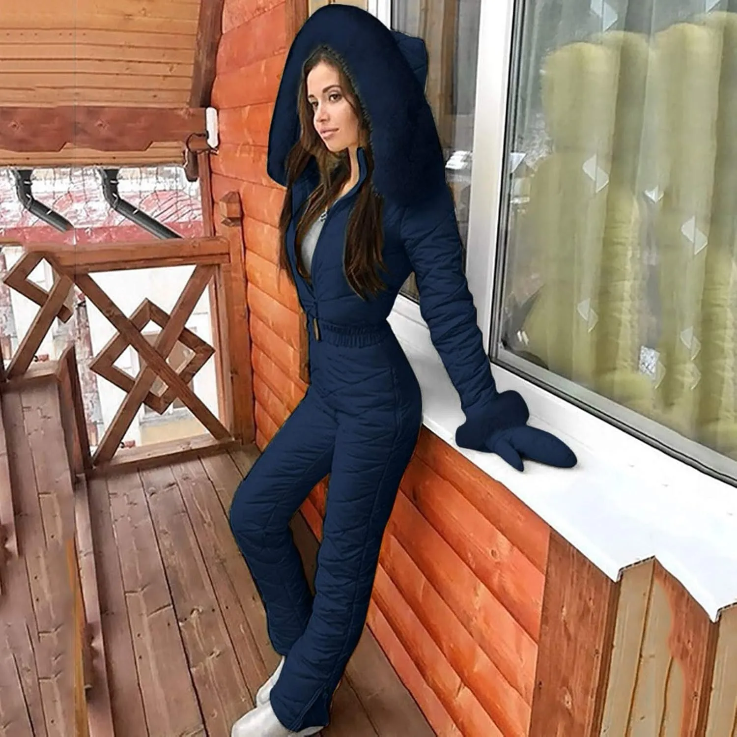 Women Snowboard Skisuit Outdoor Sports Ski Suit Thick Snow Playsuit Jumpsuits Zipper Fur Hoodie Onesie, Large