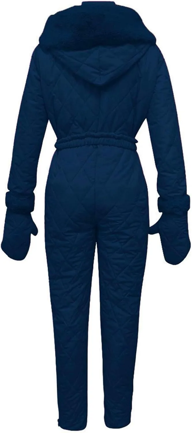 Women Snowboard Skisuit Outdoor Sports Ski Suit Thick Snow Playsuit Jumpsuits Zipper Fur Hoodie Onesie, Large