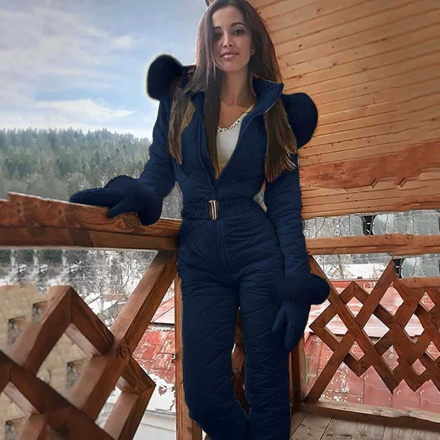 Women Snowboard Skisuit Outdoor Sports Ski Suit Thick Snow Playsuit Jumpsuits Zipper Fur Hoodie Onesie, Large