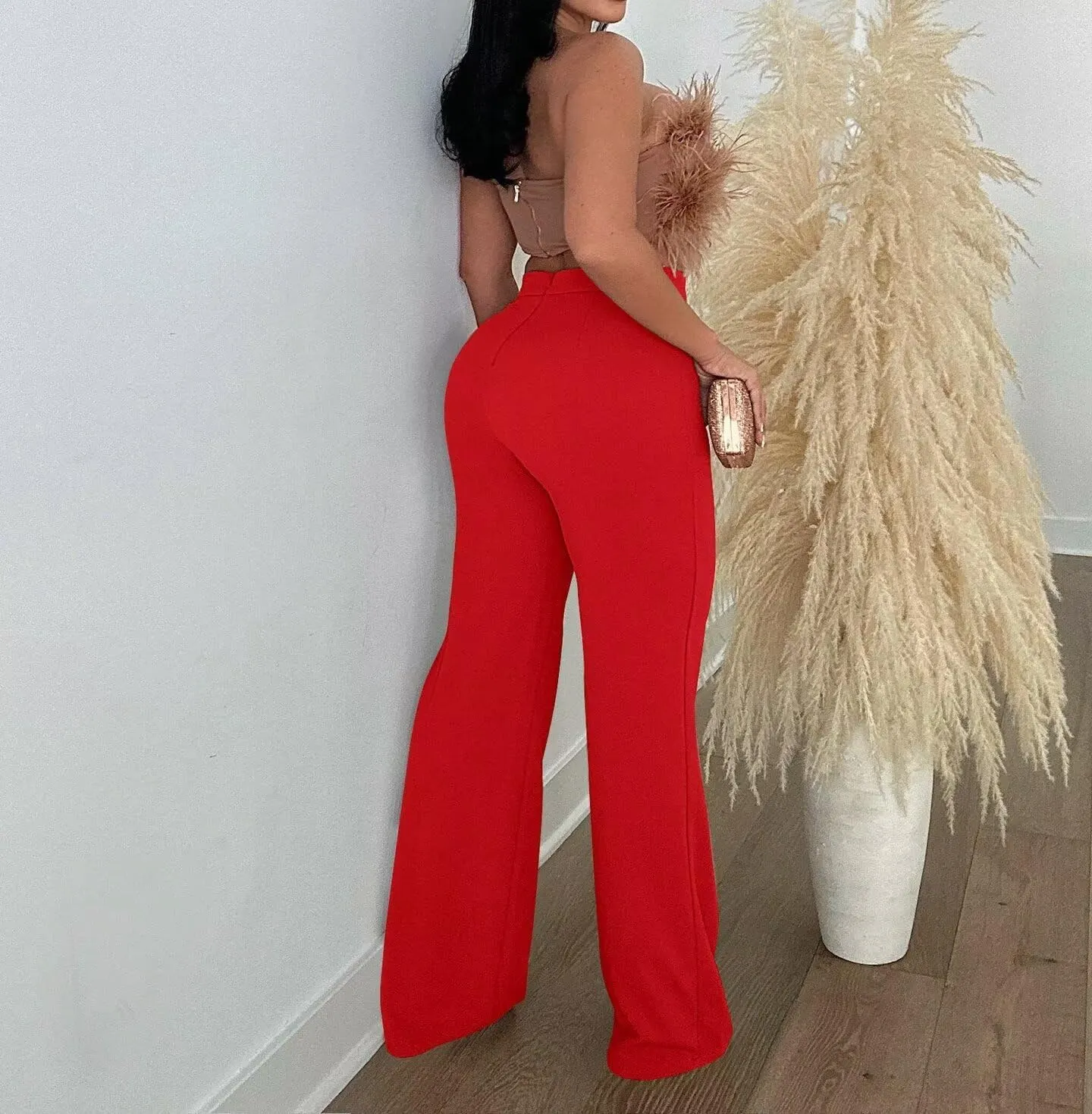 Women Stretchy Straight Leg Dress Pants Comfy Solid Classic High Waisted Wide Leg Long Bootcut Pant Slacks Work Office