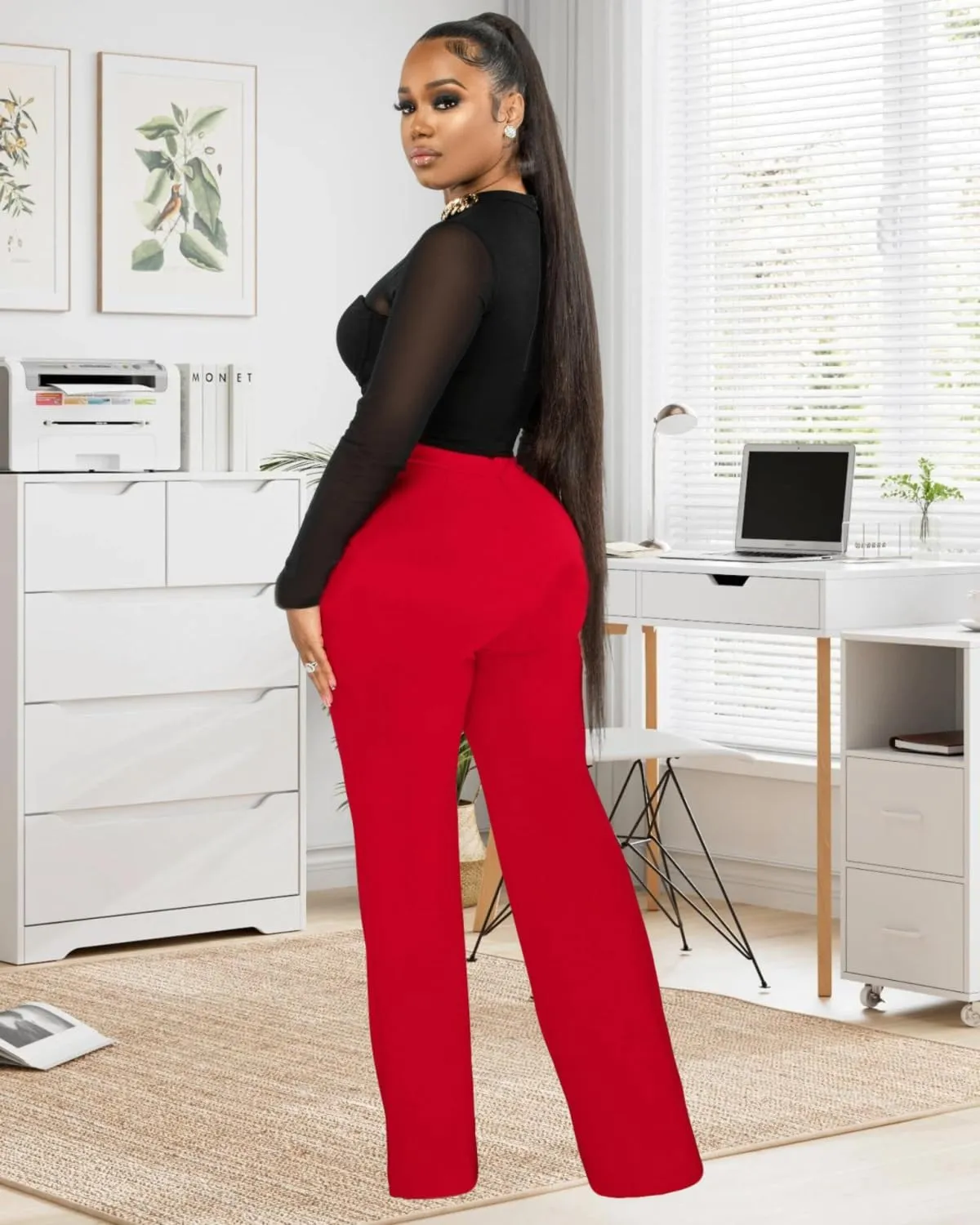 Women Stretchy Straight Leg Dress Pants Comfy Solid Classic High Waisted Wide Leg Long Bootcut Pant Slacks Work Office
