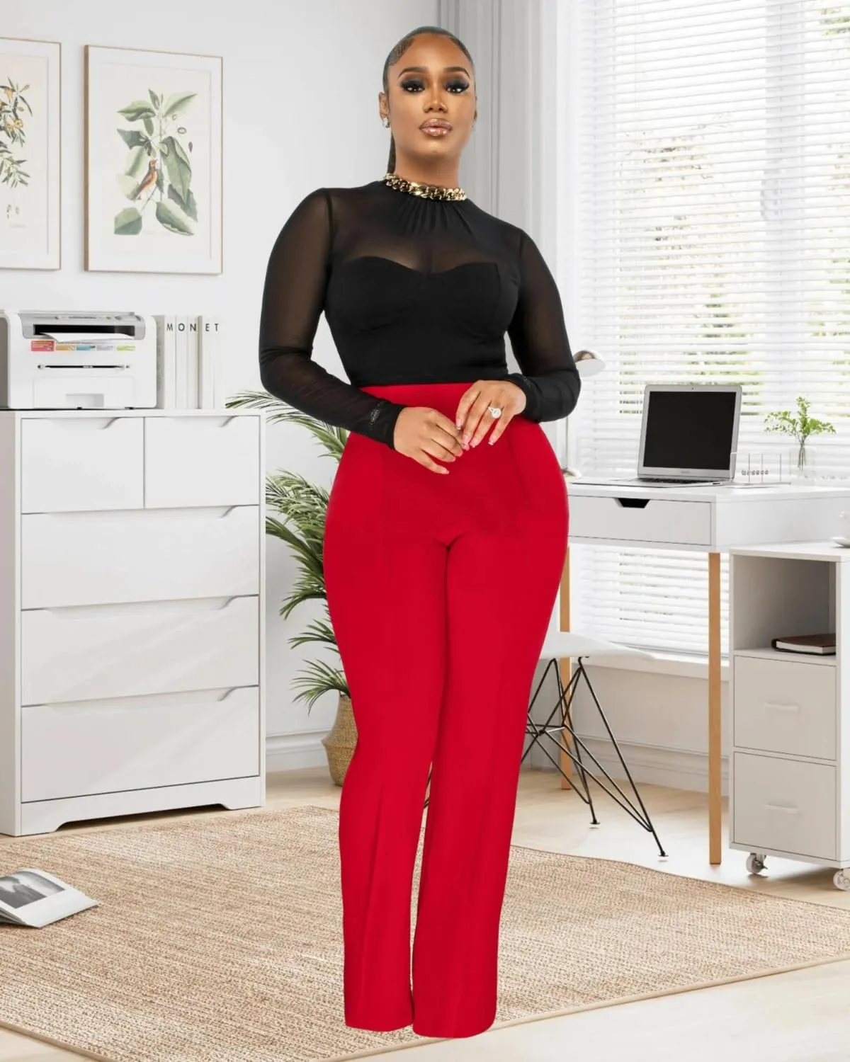 Women Stretchy Straight Leg Dress Pants Comfy Solid Classic High Waisted Wide Leg Long Bootcut Pant Slacks Work Office