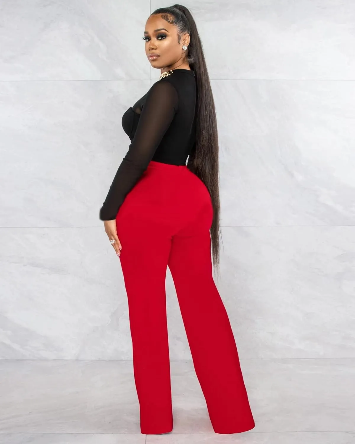 Women Stretchy Straight Leg Dress Pants Comfy Solid Classic High Waisted Wide Leg Long Bootcut Pant Slacks Work Office