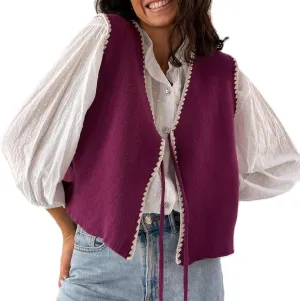 Women Tie Front Crochet Vest Sleeveless Sweater Tank Tops Open Front V Neck Knit Cardigan Going Out